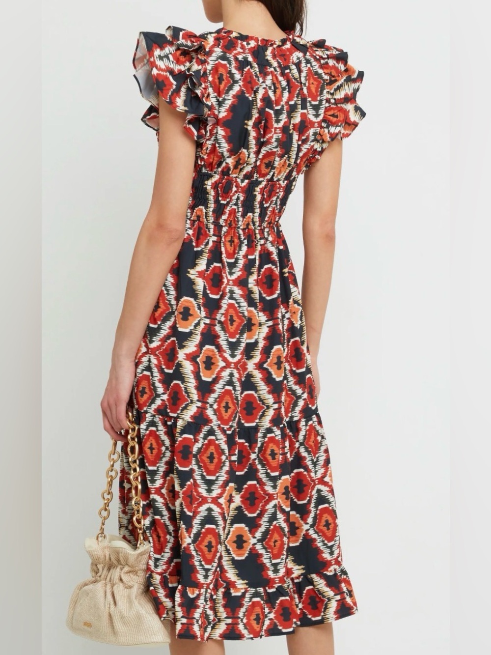 O.P.T. VIANSA NAVY ORANGE RED SLEEVELESS RUFFLE V-NECK DRESS WOMENS MEDIUM - Picture 2 of 8